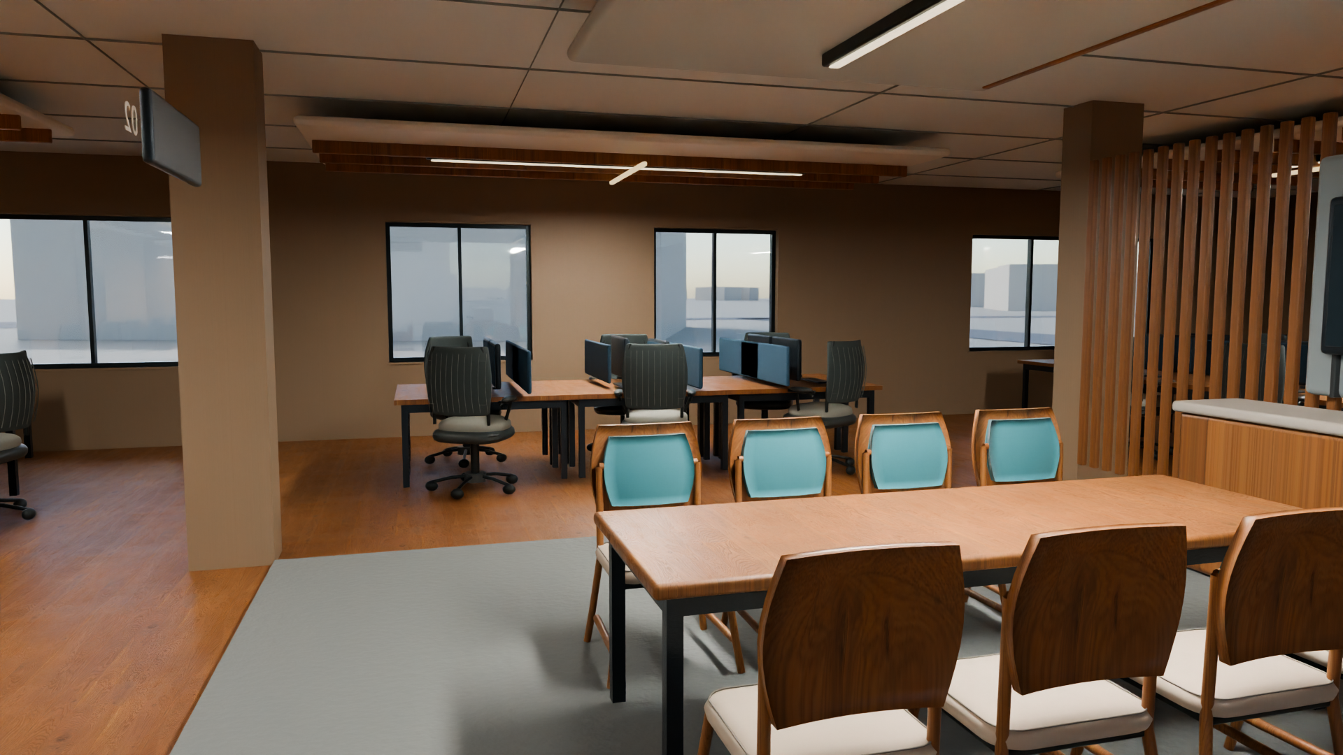 LINDE conceptual interior still: Open office. Workpoints and a shared table communicate design intent, not occupancy or measured fit.