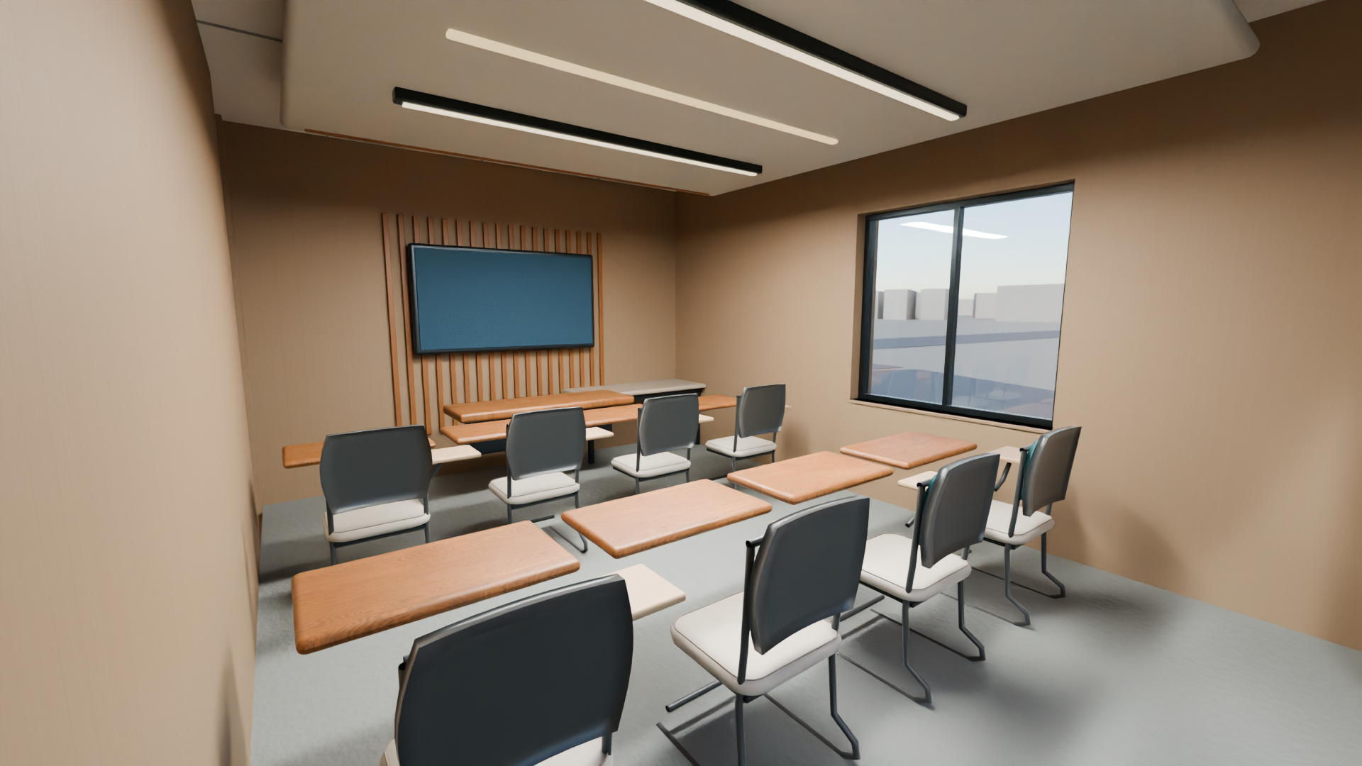 LINDE conceptual interior still: Training room. Furniture arrangement is conceptual; capacity and accessible clearances are not certified.