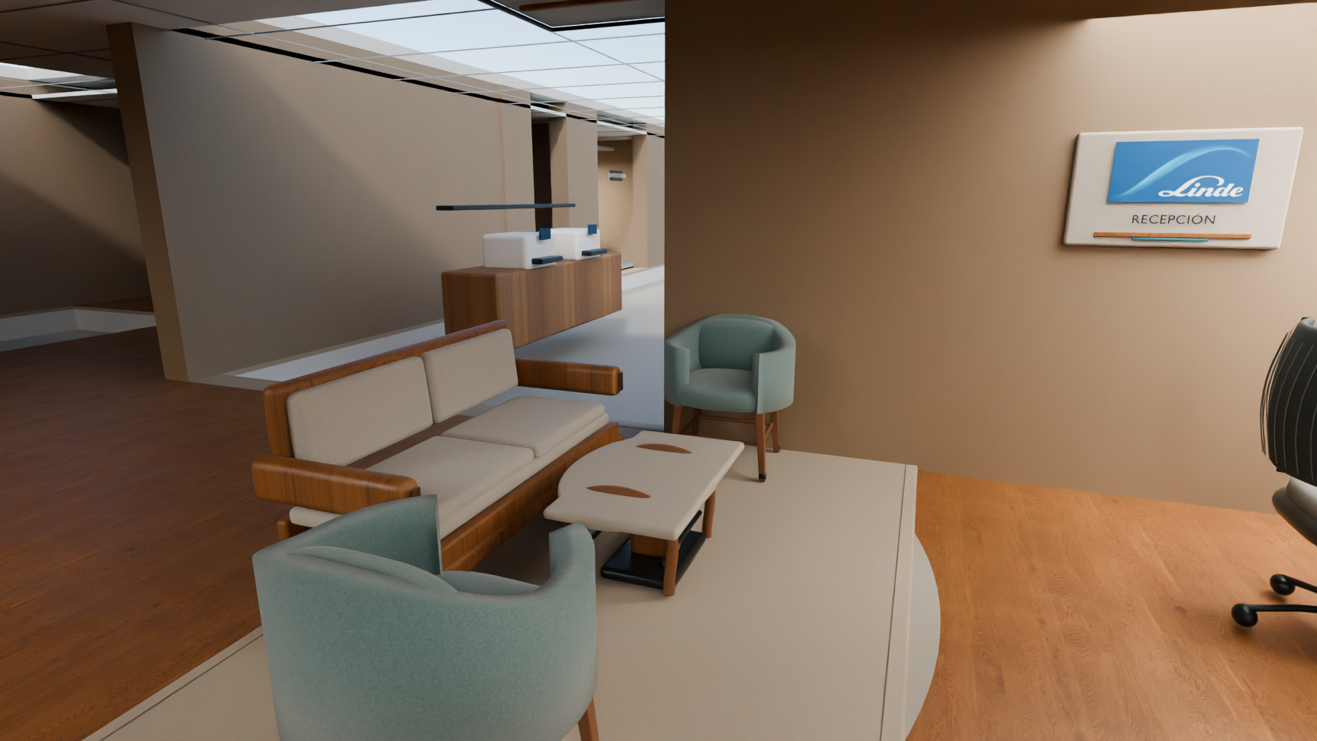 LINDE conceptual interior still: Shared lounge. Finish and furniture cues are visual direction, not product selections.