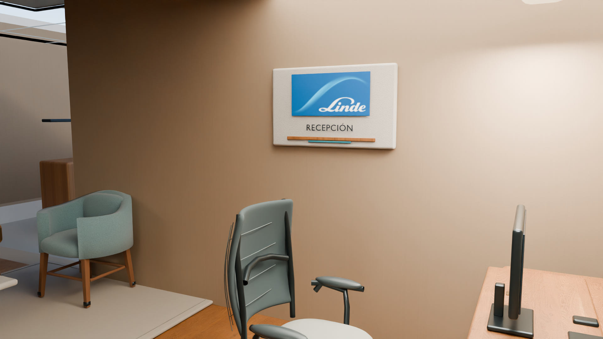 LINDE conceptual interior still: Reception detail. The existing still retains the modeled Spanish spelling on the identity panel.